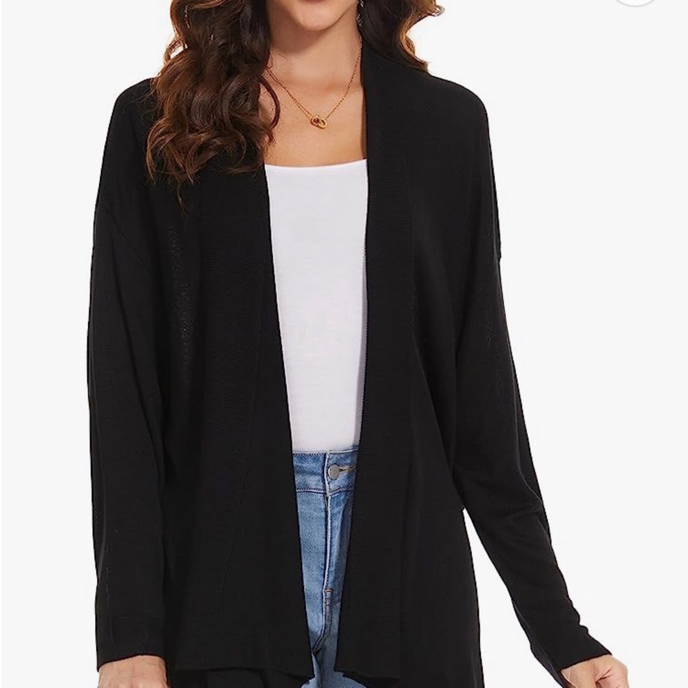 Eileen Fisher black knit cardigan line wool Sz small